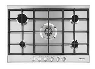 Plaque gaz Smeg P272XGH, 5 brûleurs dont double couronne 4200 W, grilles en fonte, allumage automatique