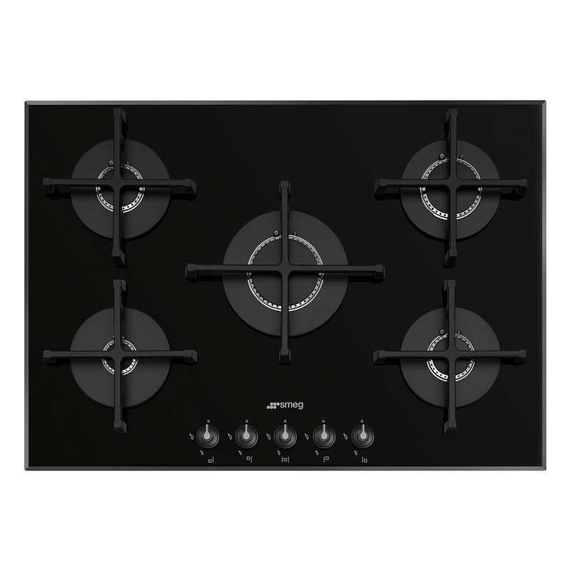 Plaque gaz Smeg PV175B3 70 cm, 5 foyers, verre noir, grilles en fonte, allumage automatique