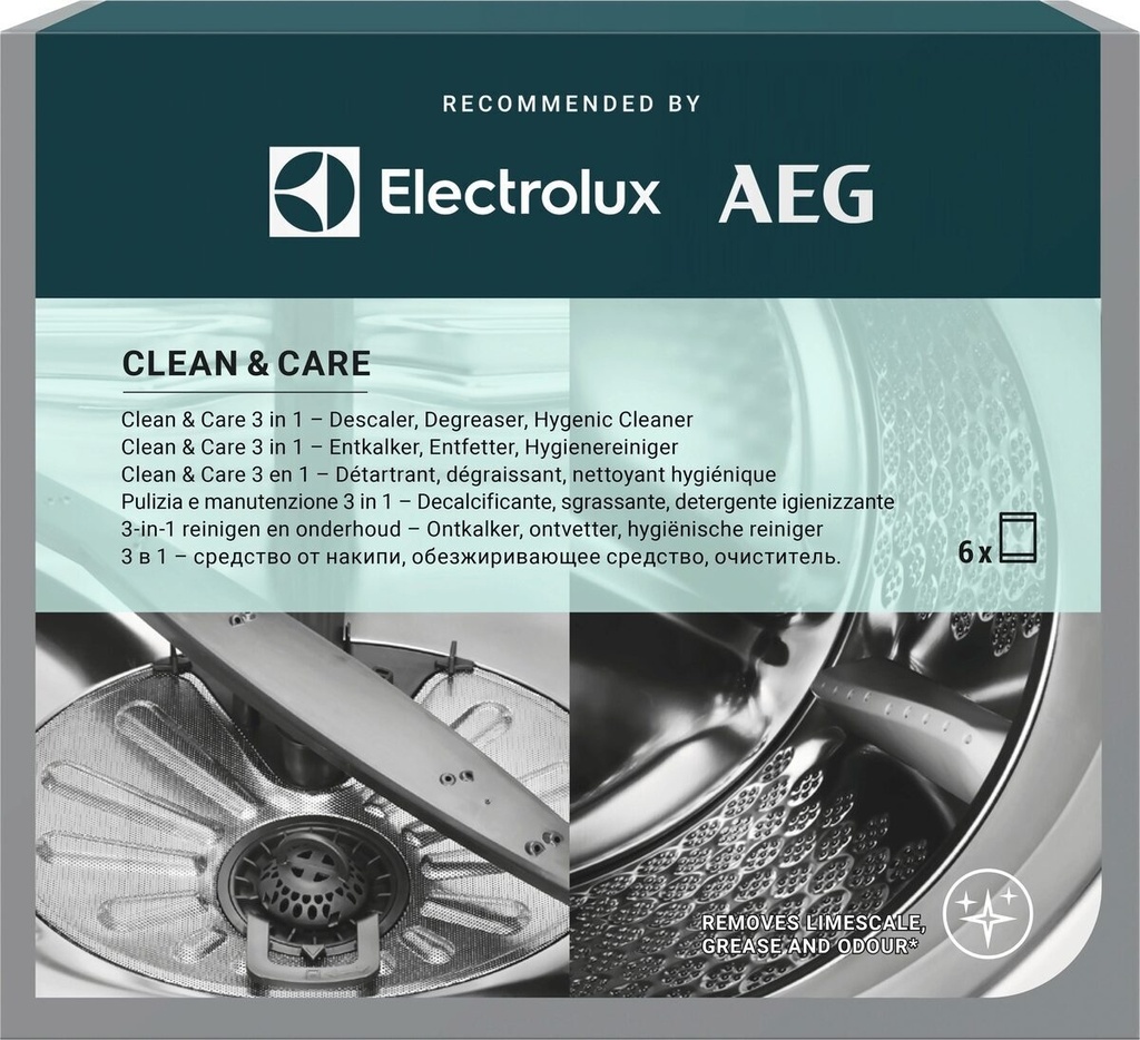 Détartrant Electrolux 9029865574 Clean & Care 3-in-1, lave-linge et lave-vaisselle, 6 sachets, dégraisse