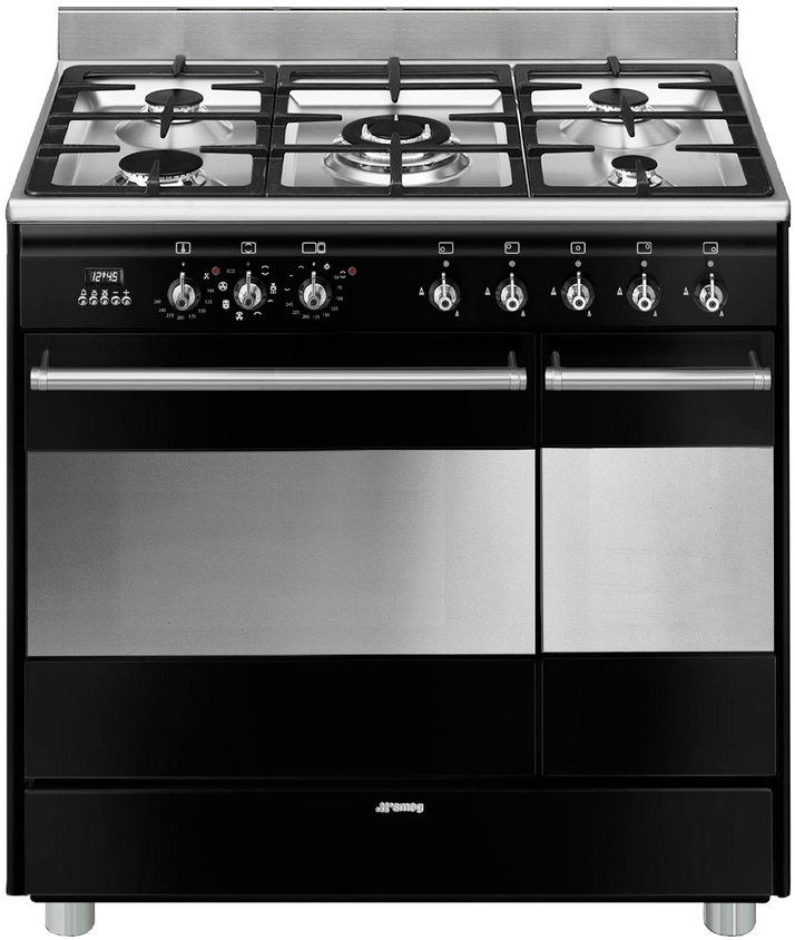 Piano de cuisson Smeg SCB92MN8, 5 feux gaz, double four électrique 70 L et 35 L, noir