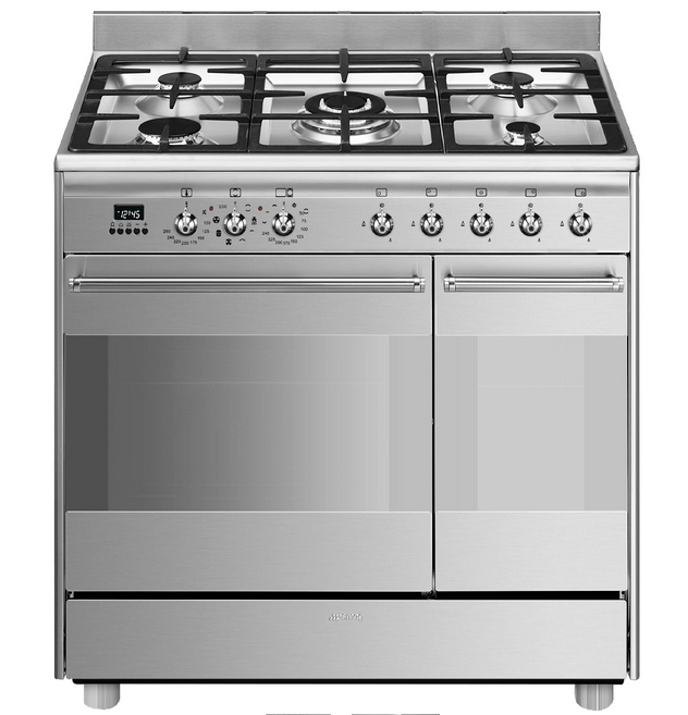 Piano de cuisson Smeg SCB92MX8, 5 brûleurs gaz, double four électrique 70 L et 35 L, acier inoxydable