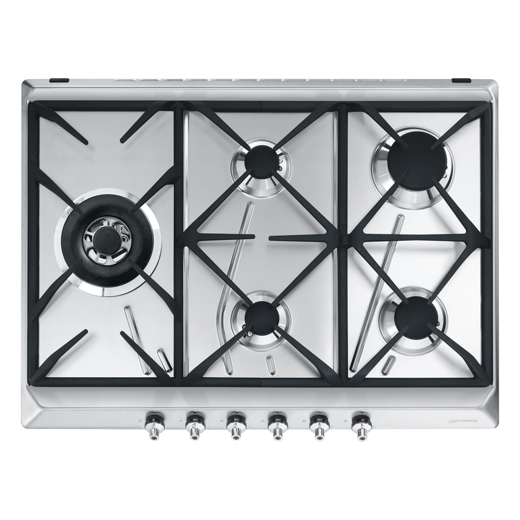 Table de cuisson gaz Smeg SE775GH5, 5 foyers, brûleur wok, allumage électronique, grilles en fonte