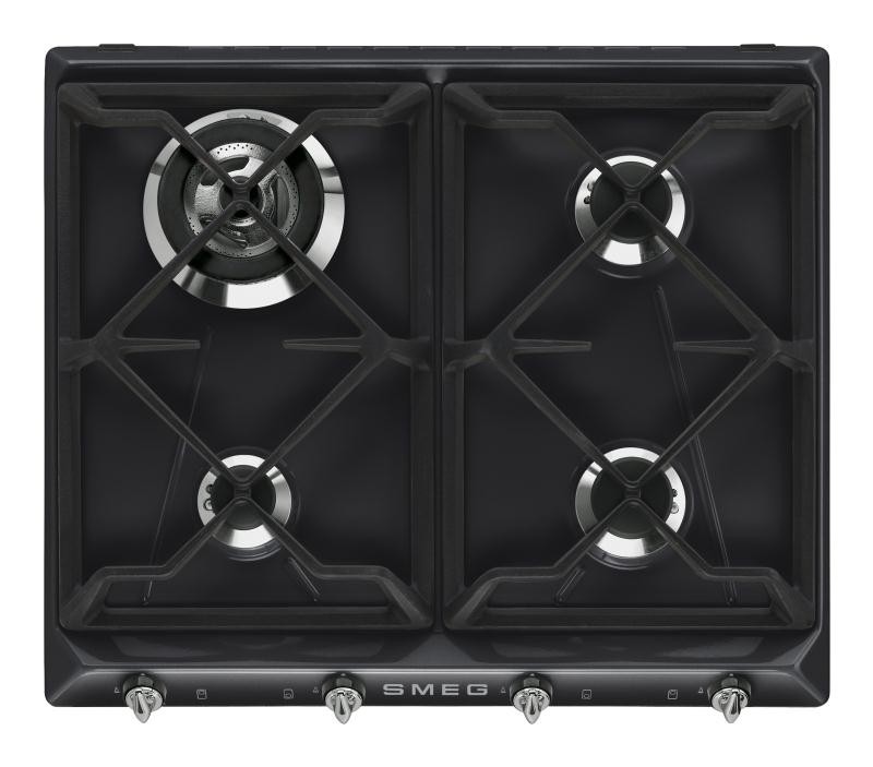 Plaque gaz Smeg SR964NGH, 60 cm noire, 4 brûleurs, grilles en fonte, allumage électronique intégré aux manettes