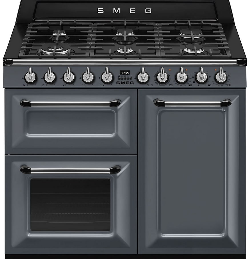 Piano de cuisson Smeg TR103GR, 6 brûleurs gaz, 3 fours électriques, autonettoyant, gris, classe B