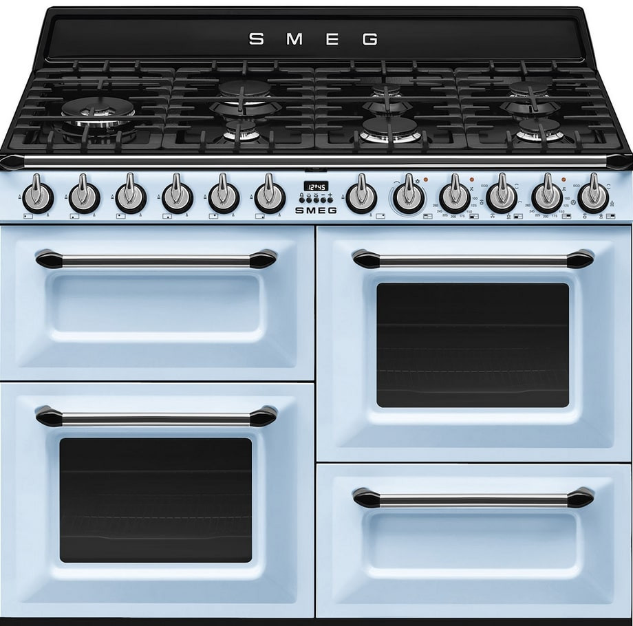 Piano de cuisson Smeg TR4110AZ, 7 brûleurs gaz, fours électriques 61 L, bleu, ligne Victoria