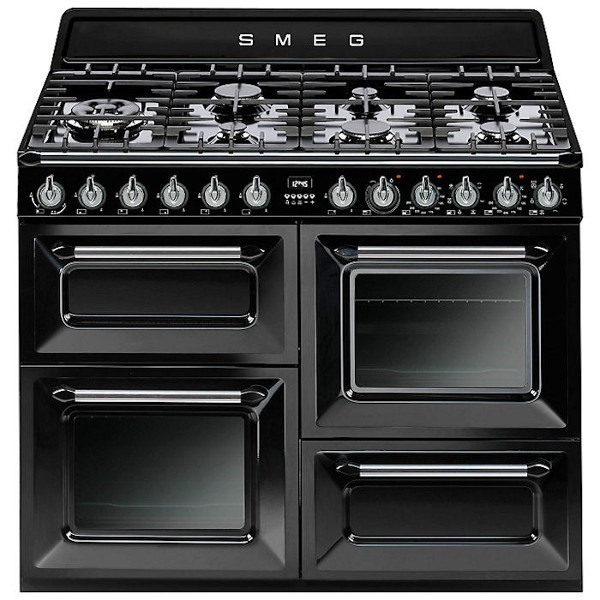 Piano de cuisson Smeg TR4110BL1, gaz 7 brûleurs, 2 fours électriques + gril, allumage électronique