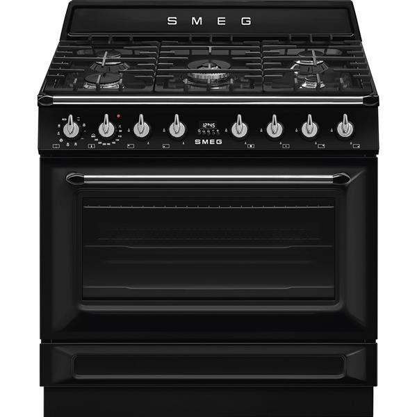 Piano de cuisson Smeg TR90GMBL, 5 feux gaz, four électrique chaleur tournante 115 L, 9 fonctions, classe A