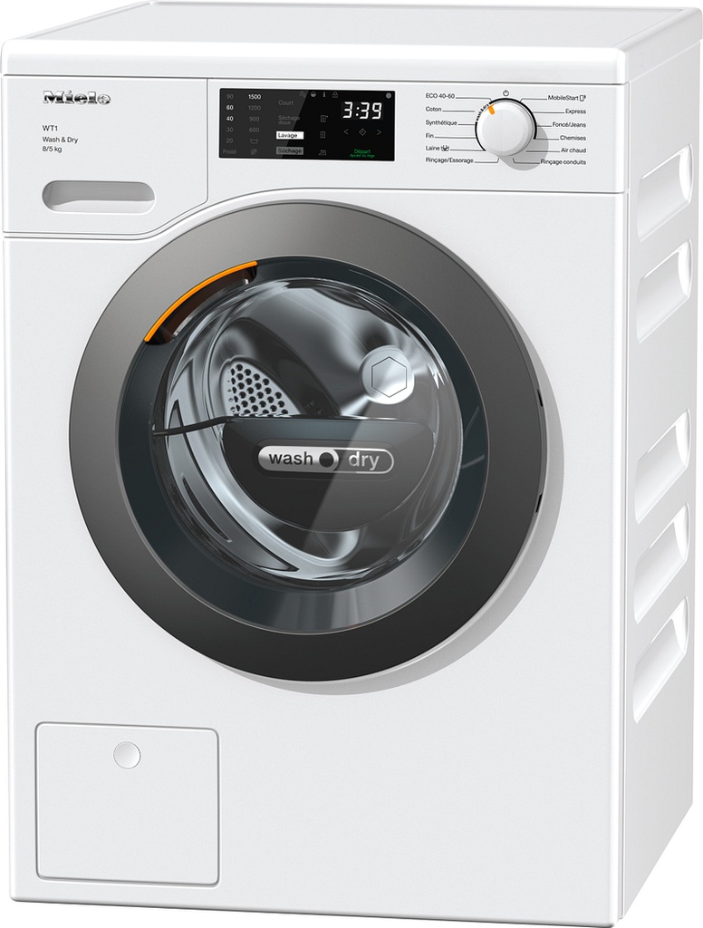 Lave-linge séchant Miele WTD160WCS, 8 kg lavage, 5 kg séchage, essorage 1500, condensation, blanc lotus