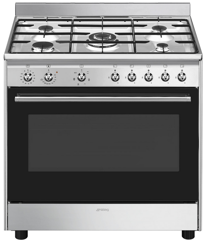 Piano de cuisson mixte Smeg CX90GM, 5 foyers gaz, four électrique 115 L, classe A, inox