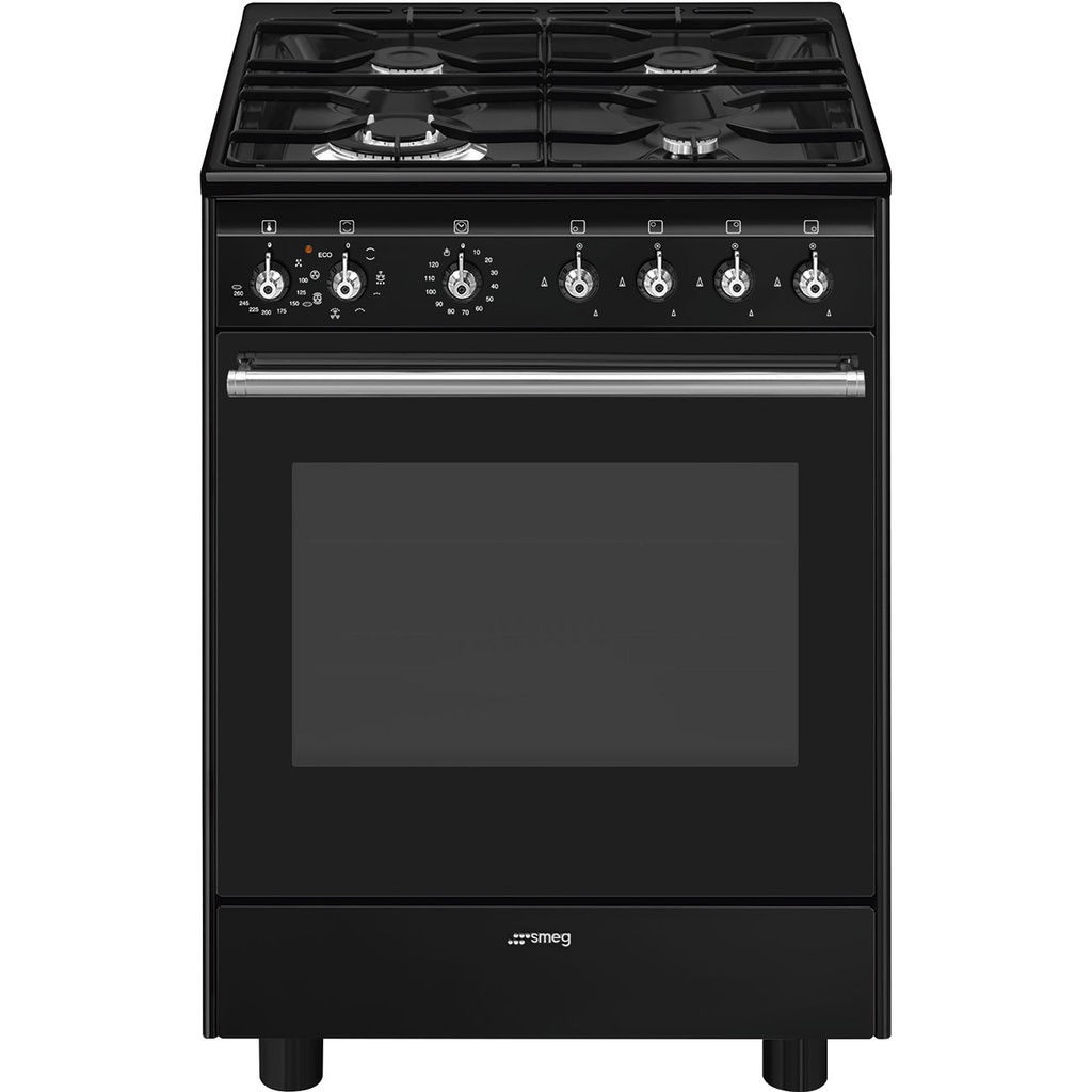 Cuisinière mixte Smeg CX61GMBL, 4 brûleurs gaz, four électrique 70 L, 8 fonctions, nettoyage Vapor Clean