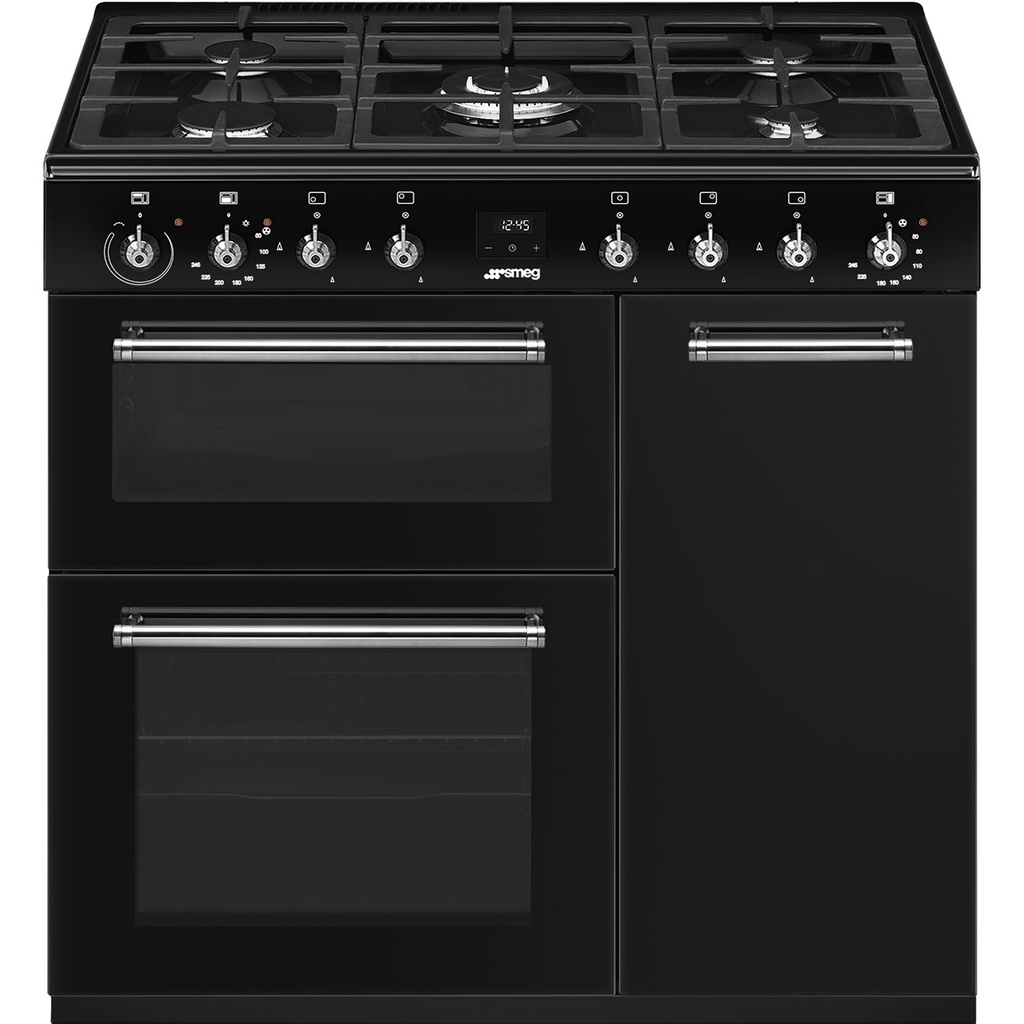 Piano de cuisson mixte Smeg CX93GMBL, 5 brûleurs gaz, fours électriques à chaleur tournante, noir