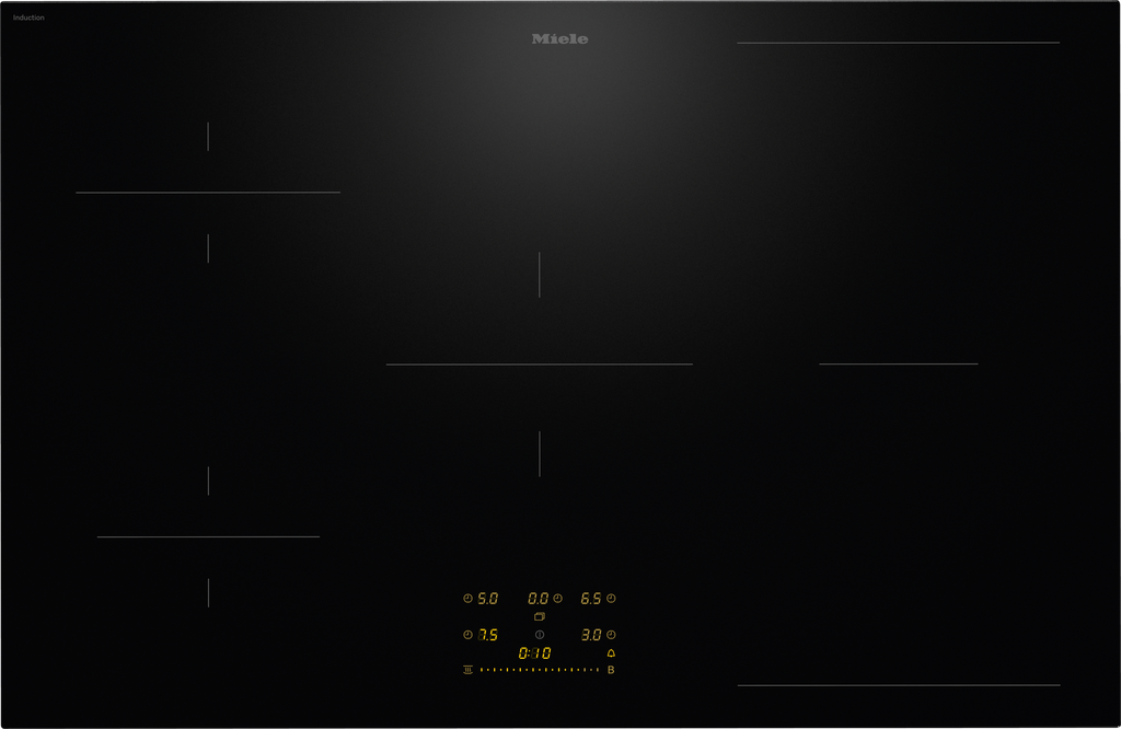 Plaque induction Miele KM8484FL, surface vitrocéramique noire, 5 zones de cuisson, 2 zones PowerFlex, 806 mm de large