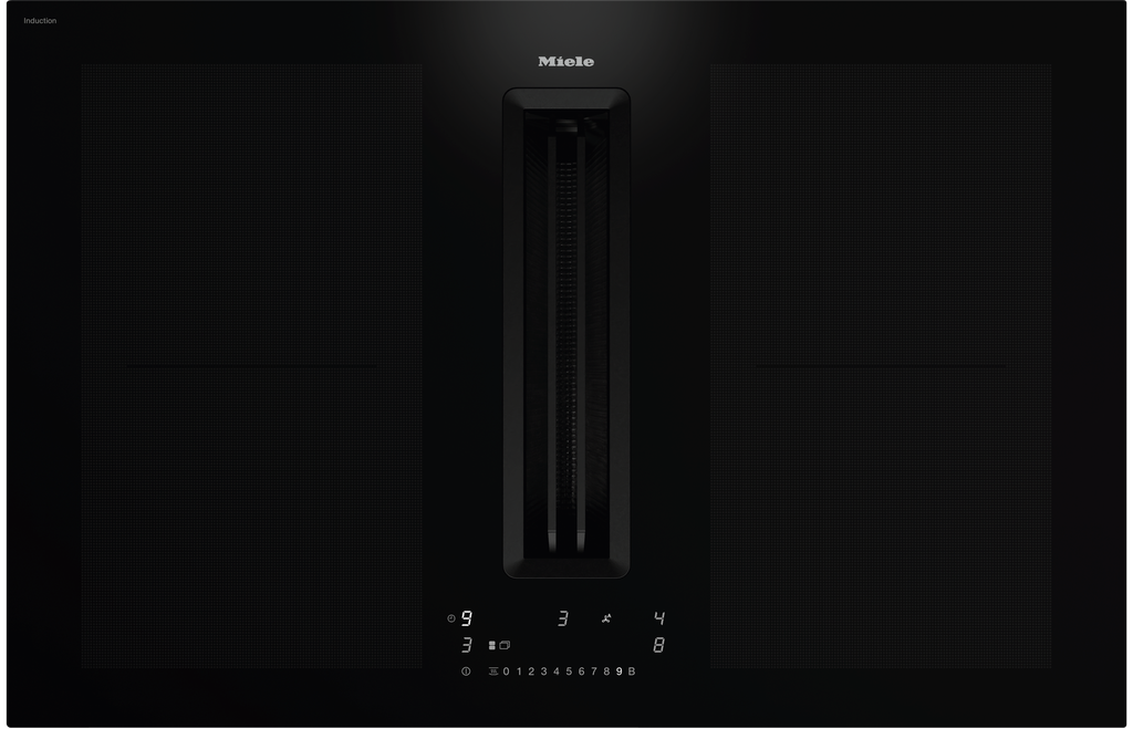 Plaque induction avec hotte aspirante Miele KMDA7676-1FLBLACKPERFECTION, 4 zones PowerFlex XL, moteur silencieux