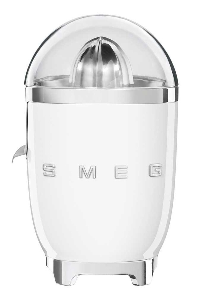 Presse-agrumes électrique Smeg CJF01WHEU blanc, 70 W, cône universel en inox, bec anti-goutte, style années 50