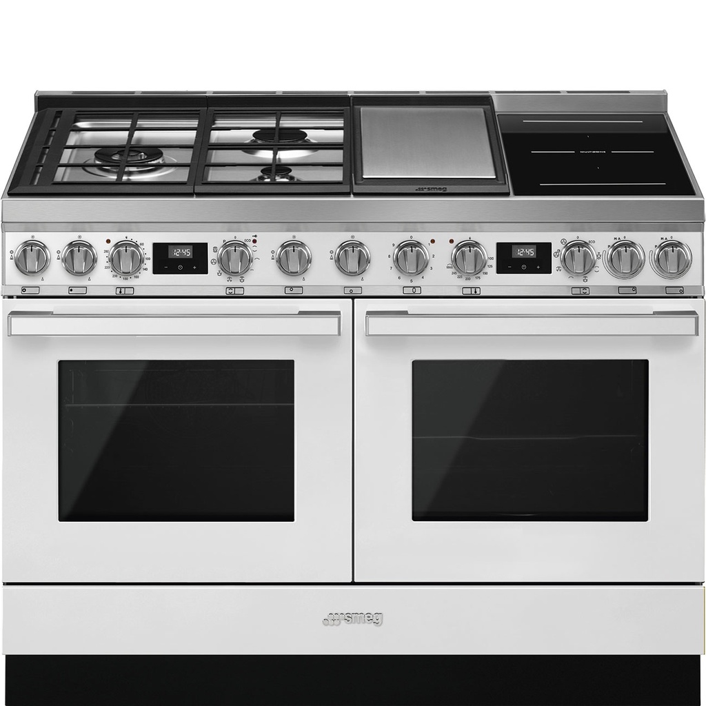 Piano de cuisson mixte Smeg CPF120IGMPWH, 6 foyers gaz, induction et teppan yaki, deux fours électriques, blanc