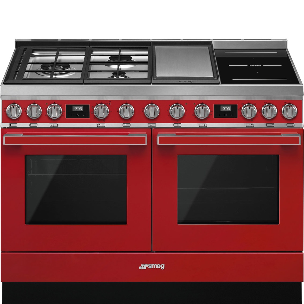Piano de cuisson mixte Smeg CPF120IGMPR, 6 foyers gaz, induction et teppan yaki, 2 fours électriques