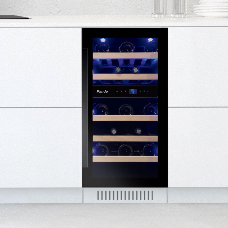 Cave à vin PANDO PVMB 40-28CRL 010724, 28 bouteilles, 75 litres, 2 sections de froid, verre noir