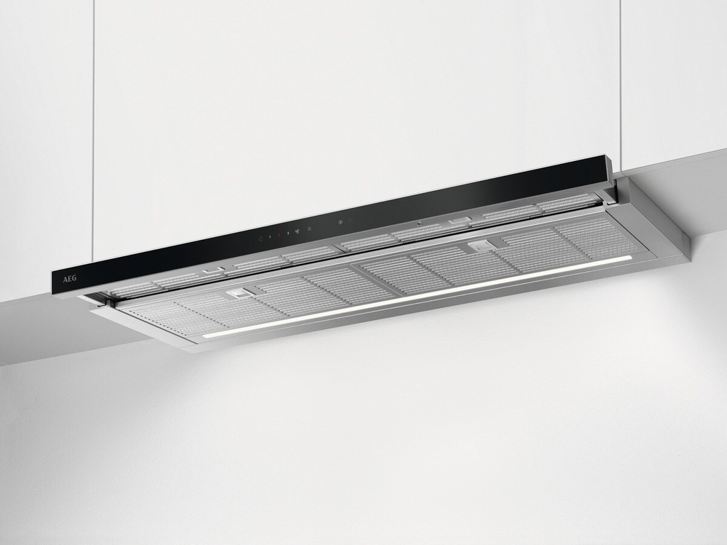 Hotte AEG GDP869PL semi-intégrée en acier inoxydable, 650 m³/h en mode intensif, commande tactile, éclairage LED