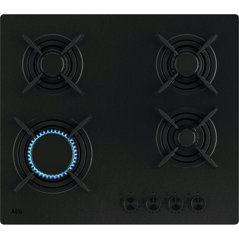 Plaque gaz AEG HKB64423NL, 60 cm noir mat, 4 brûleurs gaz, commandes rotatives, allumage électronique