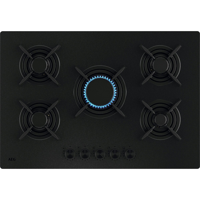 Plaque gaz AEG HKB75423NL noire, 75 cm, 5 foyers gaz, commandes rotatives, allumage électronique