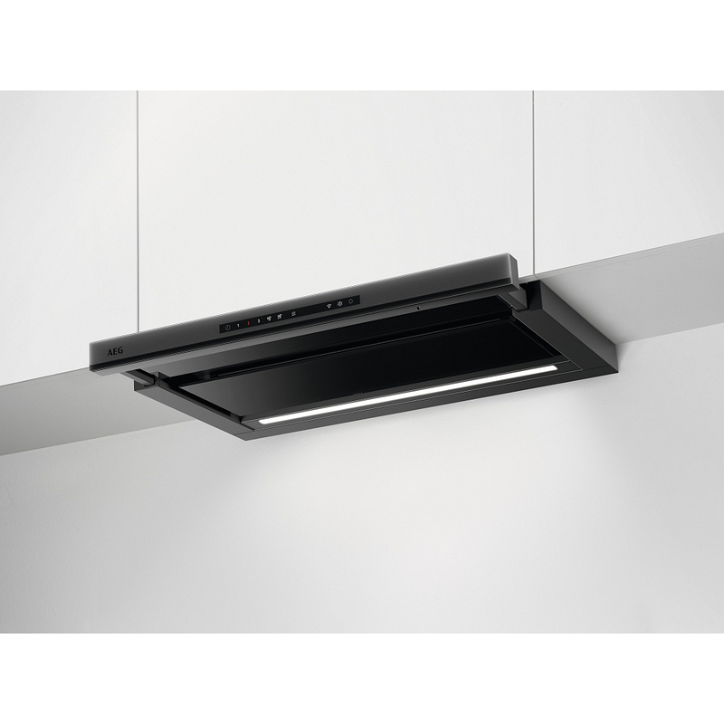 Hotte tiroir AEG NDP866PT, semi-intégrée noire, 680 m³/h en mode intensif, 3 vitesses, éclairage LED, classe A++