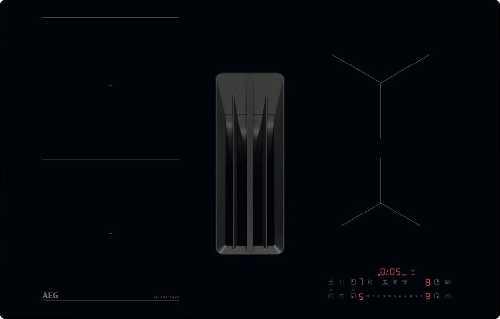 Plaque induction avec hotte aspirante AEG TT84CB00CB, 80 cm, 4 foyers, fonction Bridge, commande tactile, noire