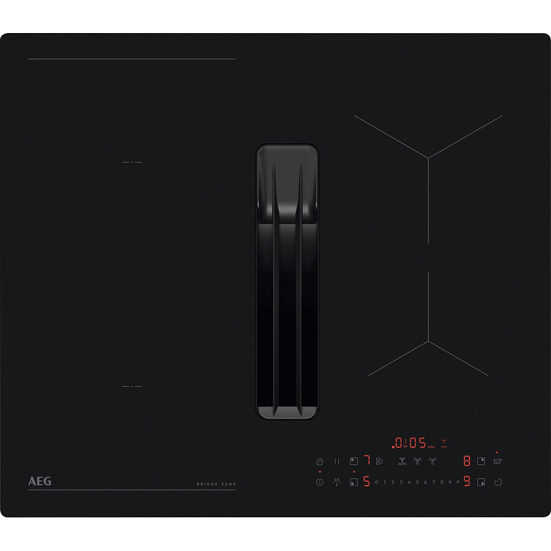 Plaque induction aspirante AEG NCT64B00CT, 4 foyers, hotte intégrée, fonction Bridge, revêtement SaphirMatt® SE noir mat