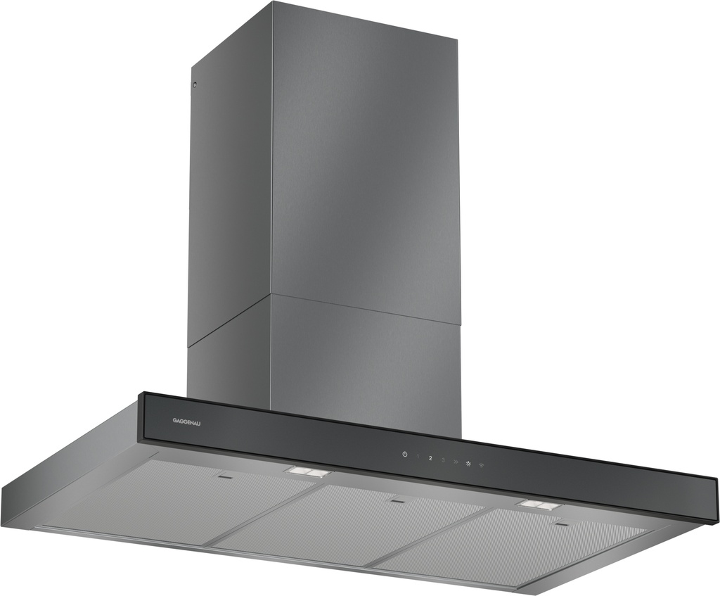 Hotte murale Gaggenau AW290110, classe A+, débit boost 946 m³/h, éclairage 461 lux, 43 dB en vitesse minimale