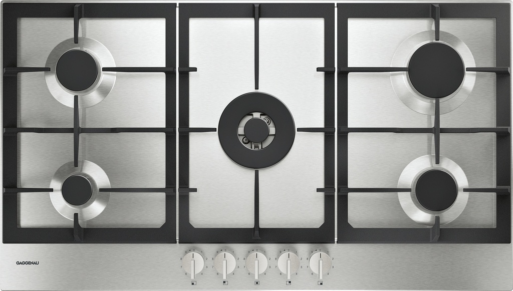 Table de cuisson gaz Gaggenau CG291210, 90 cm, 5 brûleurs dont Wok, sécurité thermocouple, 9 niveaux de puissance