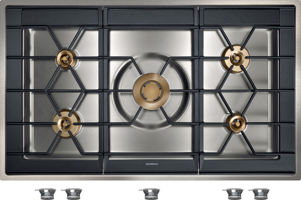 Table de cuisson gaz Gaggenau CG492111F, 5 brûleurs multi-couronnes, allumage automatique, grilles en fonte, 100 cm