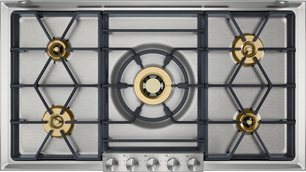 Plaque gaz Gaggenau VG295250, 90 cm, 5 brûleurs, 18 kW, grilles fonte