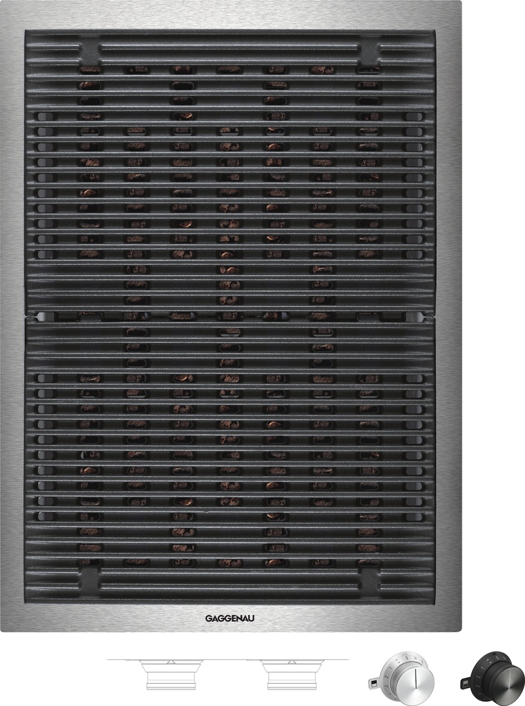 Vario gril Gaggenau VR414115, cadre en inox massif, grilles en fonte, pierre de lave, 2 zones réglables
