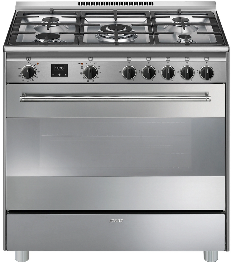 Piano de cuisson Smeg BG91PX2, 5 foyers gaz, four électrique 115 L à chaleur tournante, pyrolyse, programmateur