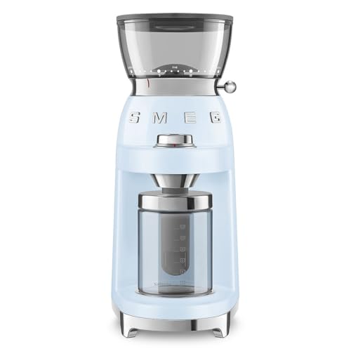 Moulin à café Smeg CGF03PBEU, 15 réglages de mouture, réservoir 240 g, meule conique, 150 W, bleu