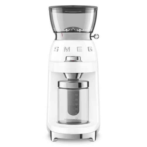 Moulin à café Smeg CGF03WHEU blanc, 15 réglages de mouture, réservoir 240 g, meule conique, 150 W