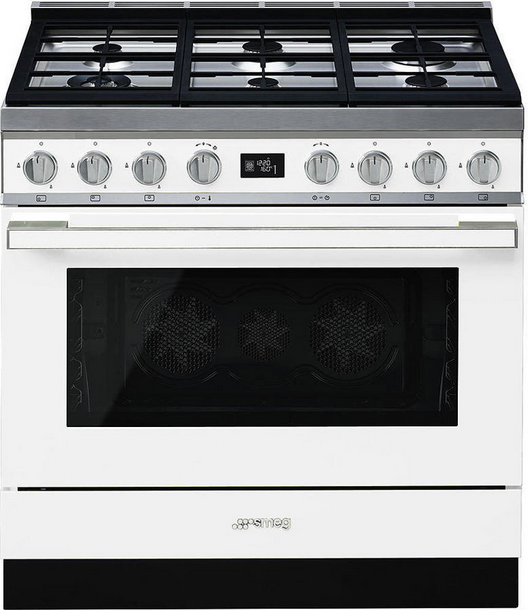 Piano de cuisson Smeg CPF9GPWH blanc, 6 brûleurs gaz, four électrique pyrolyse 115 L, 10 fonctions, 900 mm
