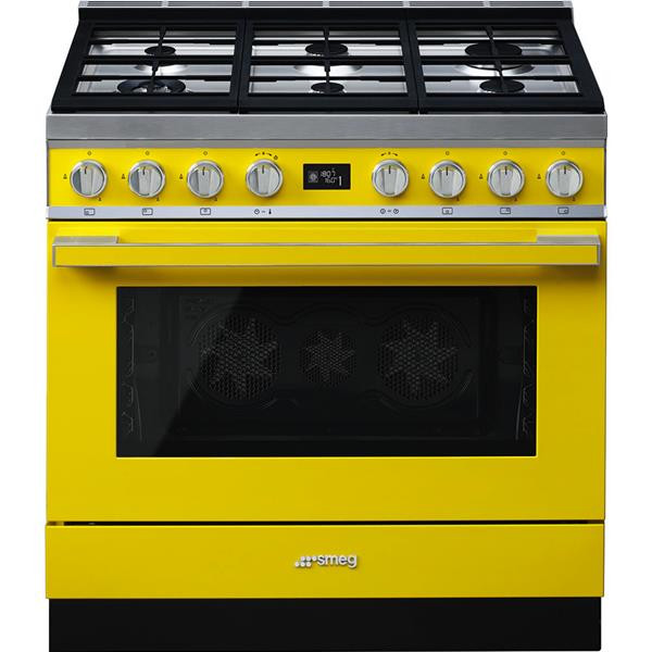 Piano de cuisson Smeg CPF9GPYW jaune, 6 feux gaz, four électrique pyrolyse 115 L, 10 fonctions, programmateur