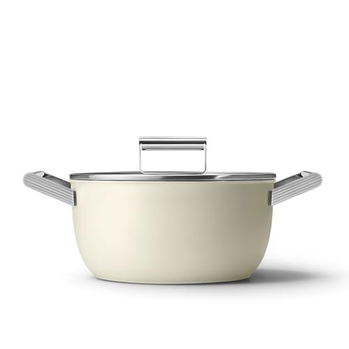 Faitout Smeg CSF2412CRM crème 24 cm 5,4 l, revêtement céramique sans PFAS, couvercle verre trempé, four 250°C