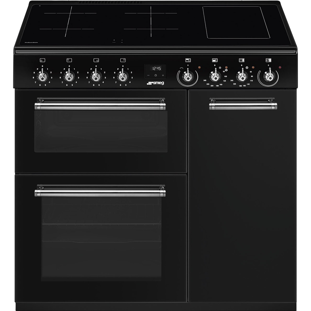 Piano de cuisson Smeg CX93IMBL, plaque induction 4 zones, fonction pont, trois fours