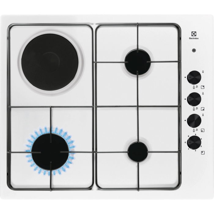 Table de cuisson mixte Electrolux EGL62821OW, 3 brûleurs gaz et 1 zone électrique, allumage électronique, blanc 58 cm