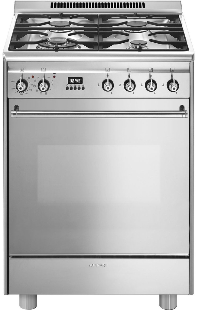 Cuisinière gaz Smeg GP61X9, 4 foyers gaz, four électrique pyrolyse 70 L, grill, porte froide