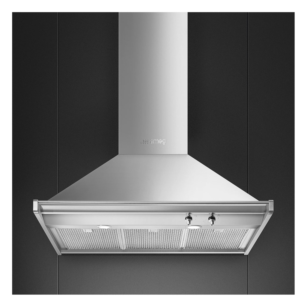 Hotte décorative Smeg KD90HXE, murale 900 mm en acier inoxydable, 630 m³/h, 3 vitesses, éclairage LED