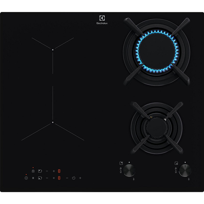 Plaque mixte Electrolux KDI640713K, 60 cm, 2 foyers induction et 2 brûleurs gaz, verre noir, sécurité enfant