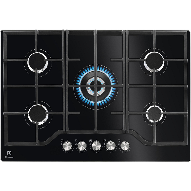 Plaque gaz Electrolux KGG75362K, 75 cm, 5 foyers, dessus verre noir, manettes StepPower, allumage électronique
