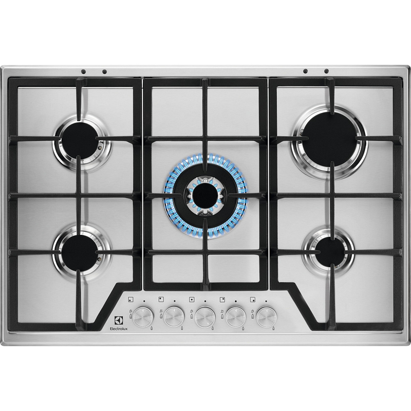Plaque gaz Electrolux KGS7536SX, 75 cm, 5 foyers, inox, brûleur multi couronne, 3 grilles en fonte