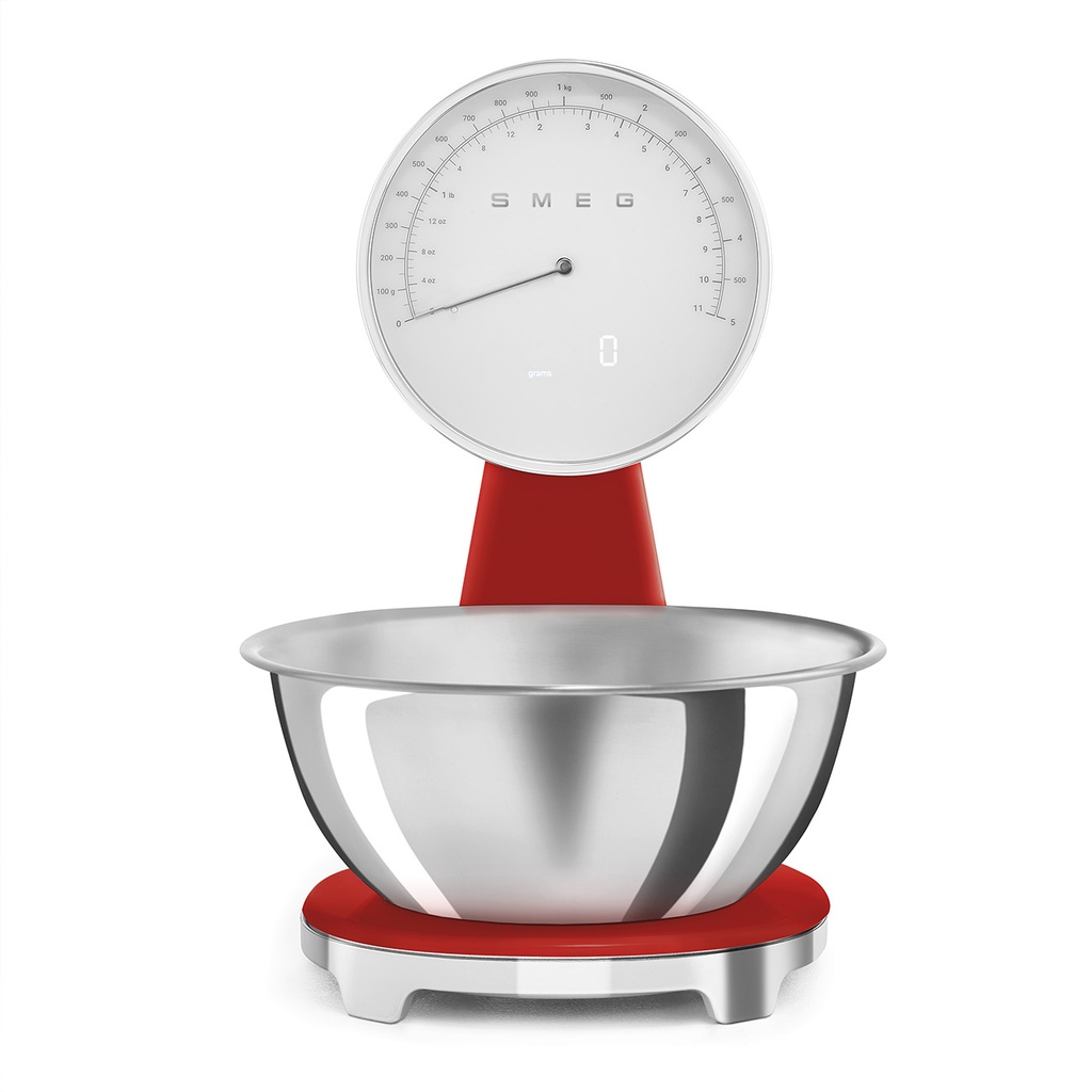 Balance culinaire Smeg KSF01RDWW rouge, 5 kg, précision 1 g, batterie rechargeable, bol 1,8 L