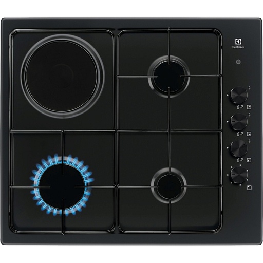 [EGL62821OB] Table de cuisson mixte Electrolux EGL62821OB, 3 brûleurs gaz et 1 zone électrique, allumage intégré aux manettes, noire