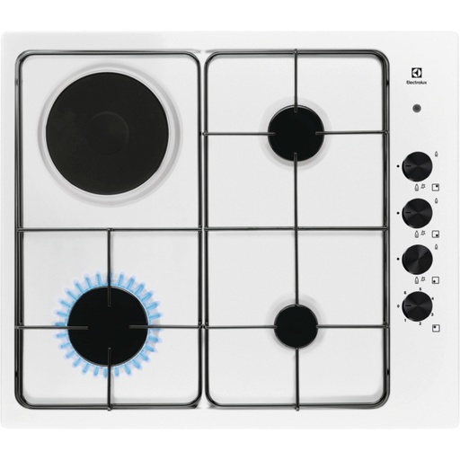 [EGL62821OW] Table de cuisson mixte Electrolux EGL62821OW, 3 brûleurs gaz et 1 zone électrique, allumage électronique, blanc 58 cm