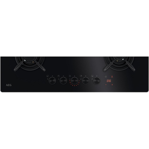 [HKB75453NB] Plaque gaz AEG HKB75453NB, 75 cm, 5 foyers, verre noir, manettes avant, allumage électronique