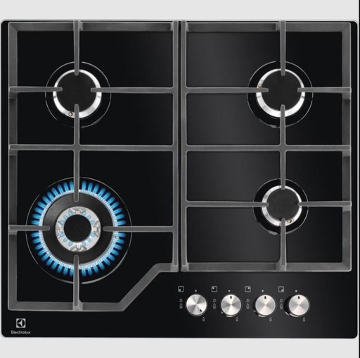 [KGG64362K] Plaque gaz Electrolux KGG64362K, 60 cm encastrable, 4 brûleurs gaz, allumage intégré aux manettes, dessus verre noir